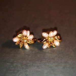 Gold tone pearl and rhinestone earrings